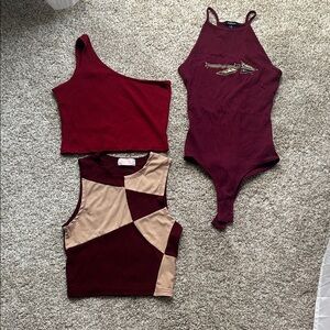 Trendy Burgundy and Tan Tops Set